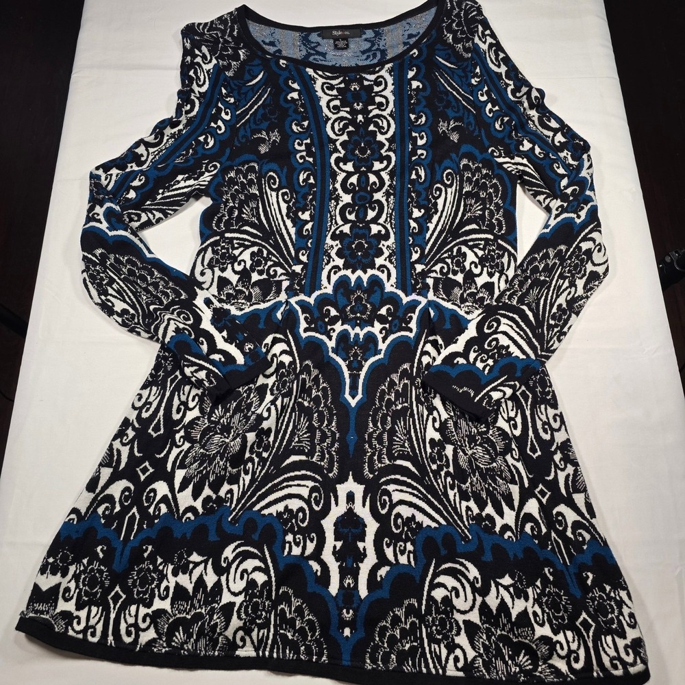 Style Co Womens Blue Black Floral Damask Knit Fit Flare Dress Large Long Sleeve